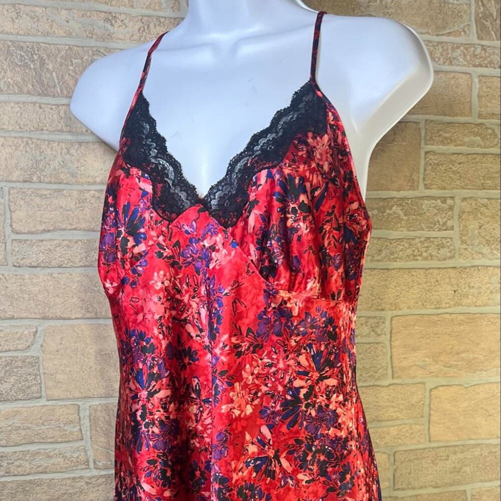 Ambrielle Pink Floral Slip Dress Black Lace Trim Size Large‎